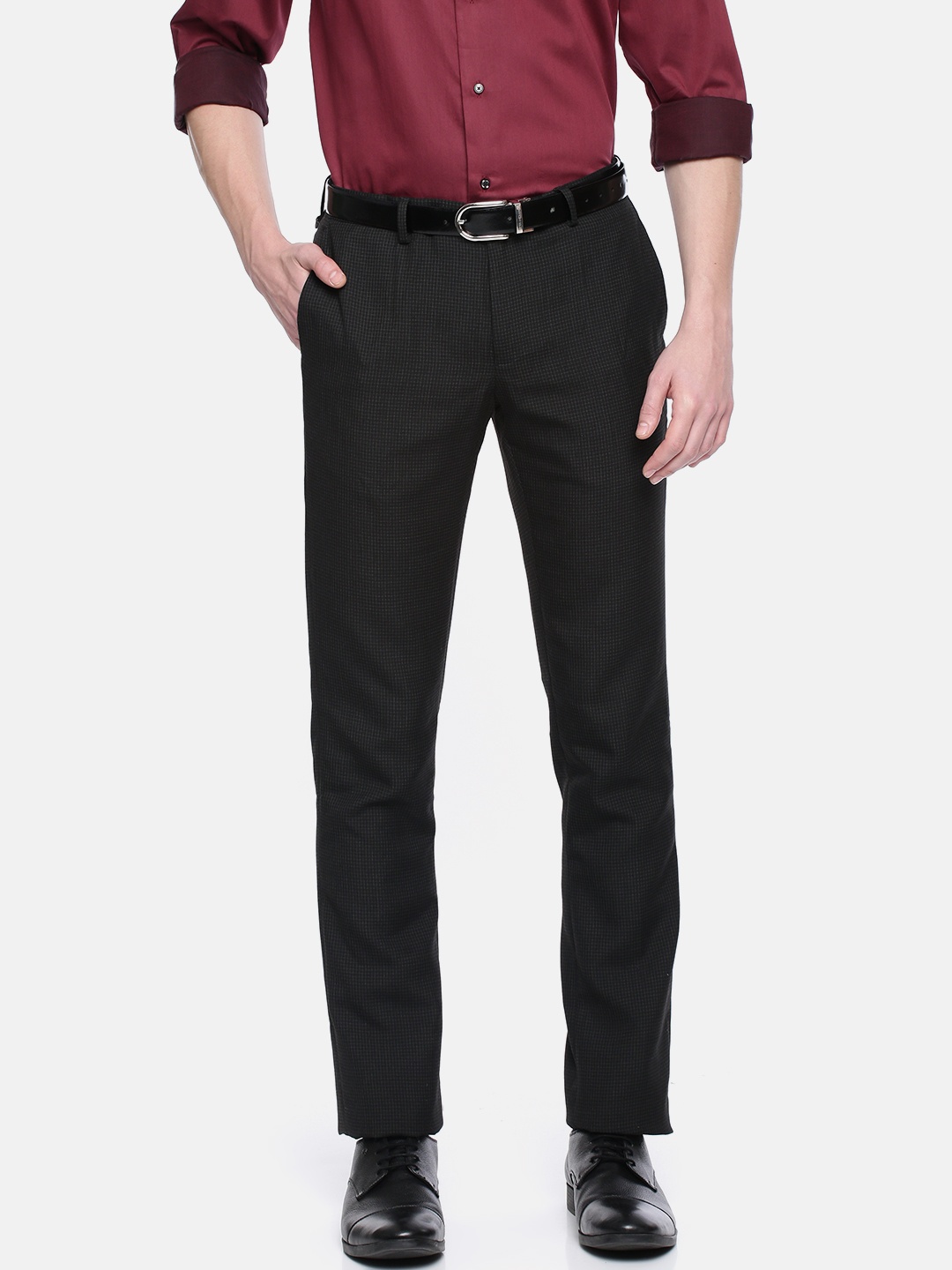 

Blackberrys Men Grey & White Striped Formal Trousers, Black
