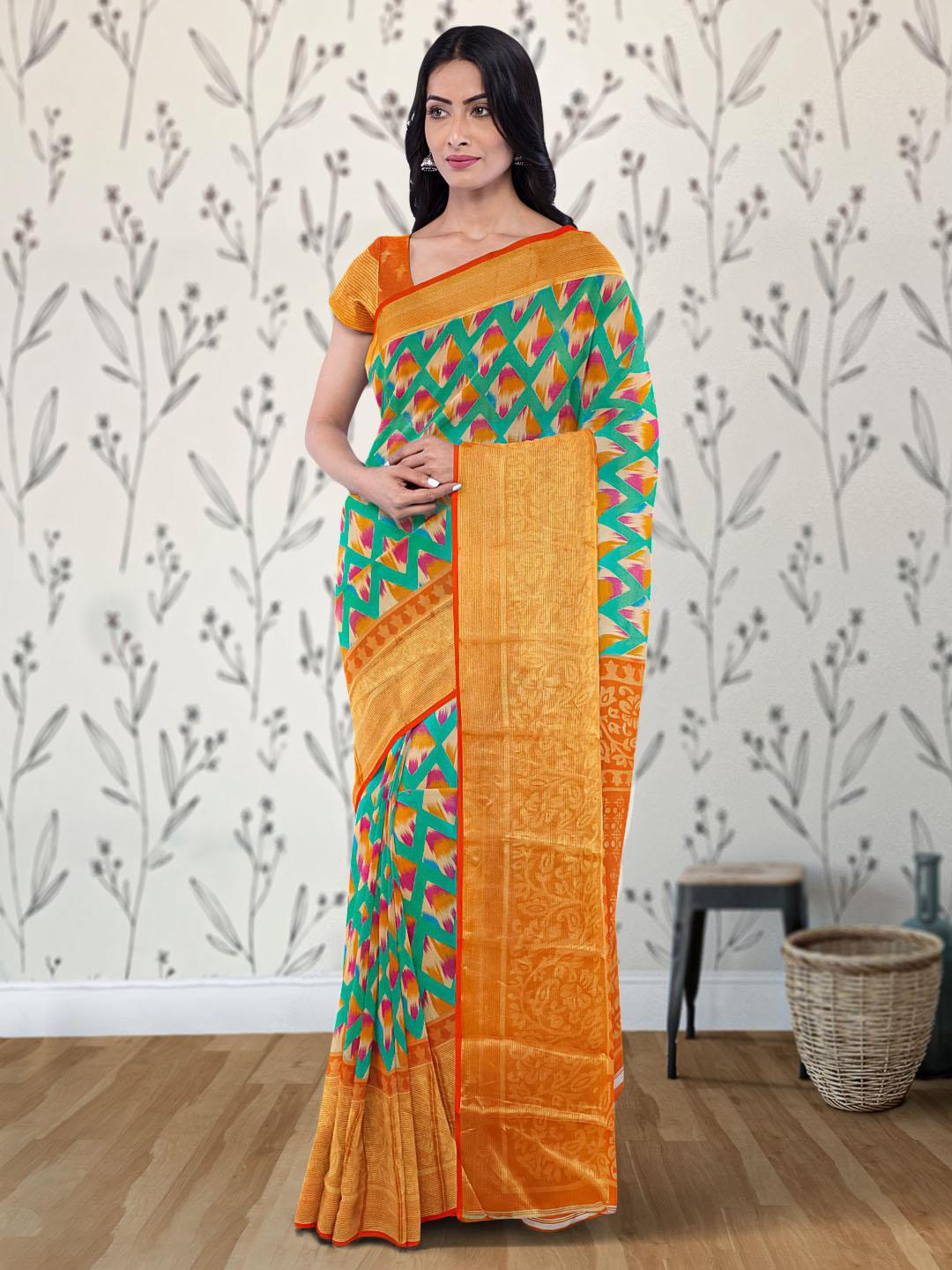 

Kalamandir Geometric Printed Saree, Sea green