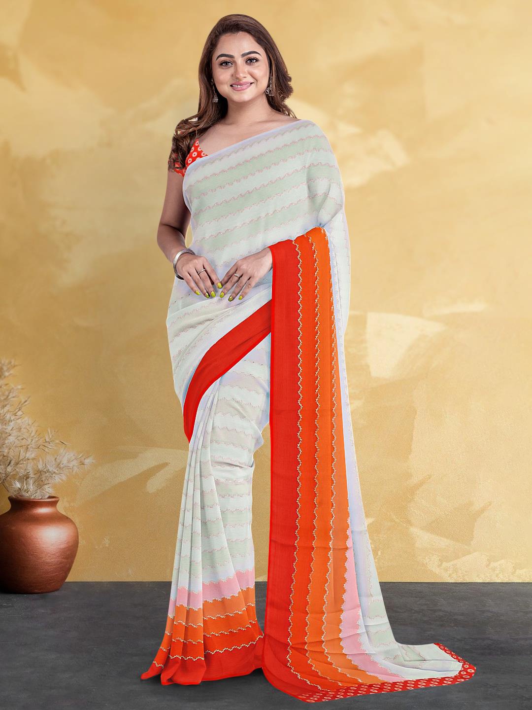 

Kalamandir Striped Poly Georgette Saree, Grey