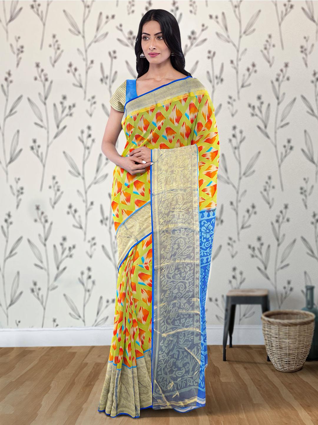 

Kalamandir Geometric Printed Zari Saree, Olive