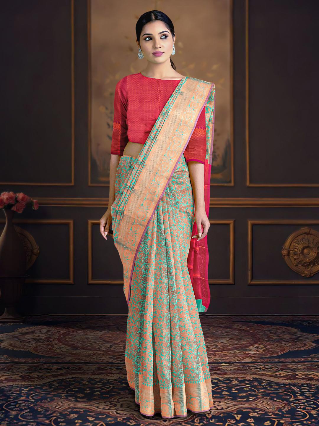 

Kalamandir Floral Silk Blend Zari Saree With Blouse Piece, Sea green