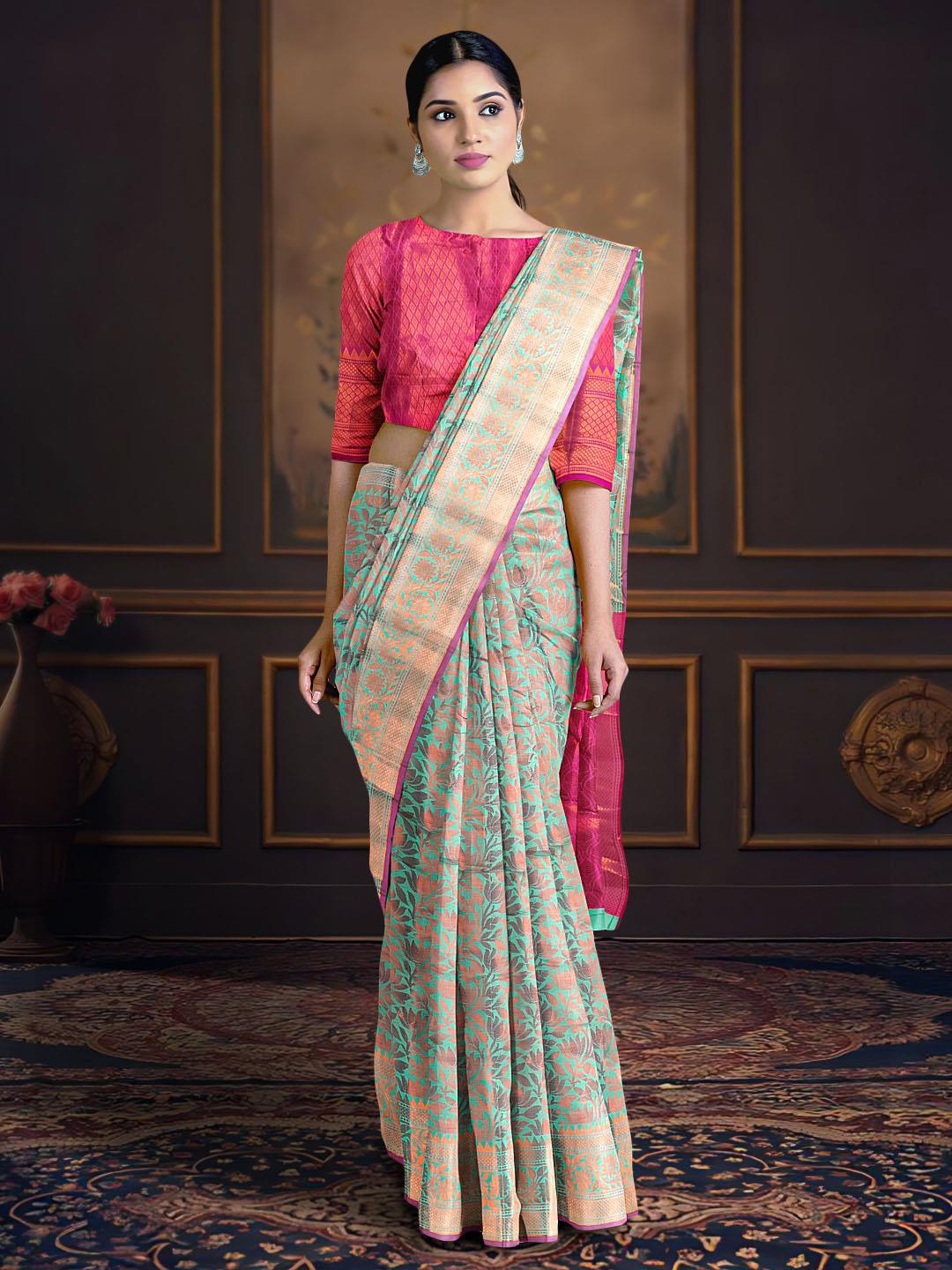 

Kalamandir Floral Woven Design Zari Saree, Sea green