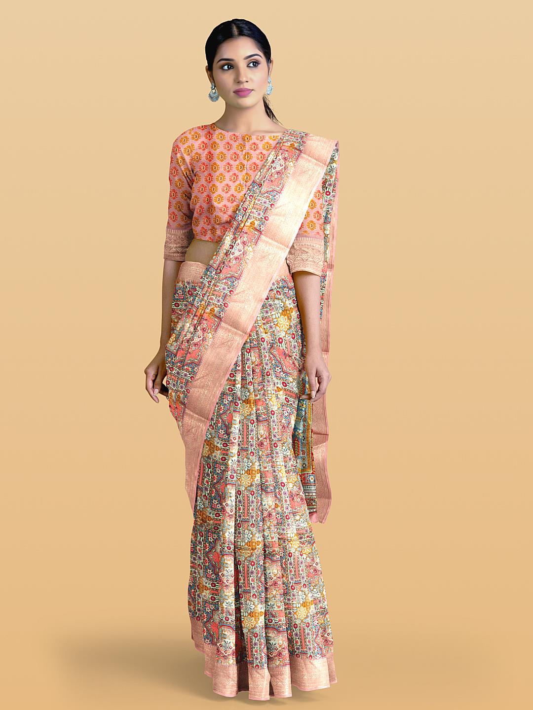 

Kalamandir Floral Printed Zari Saree, Cream