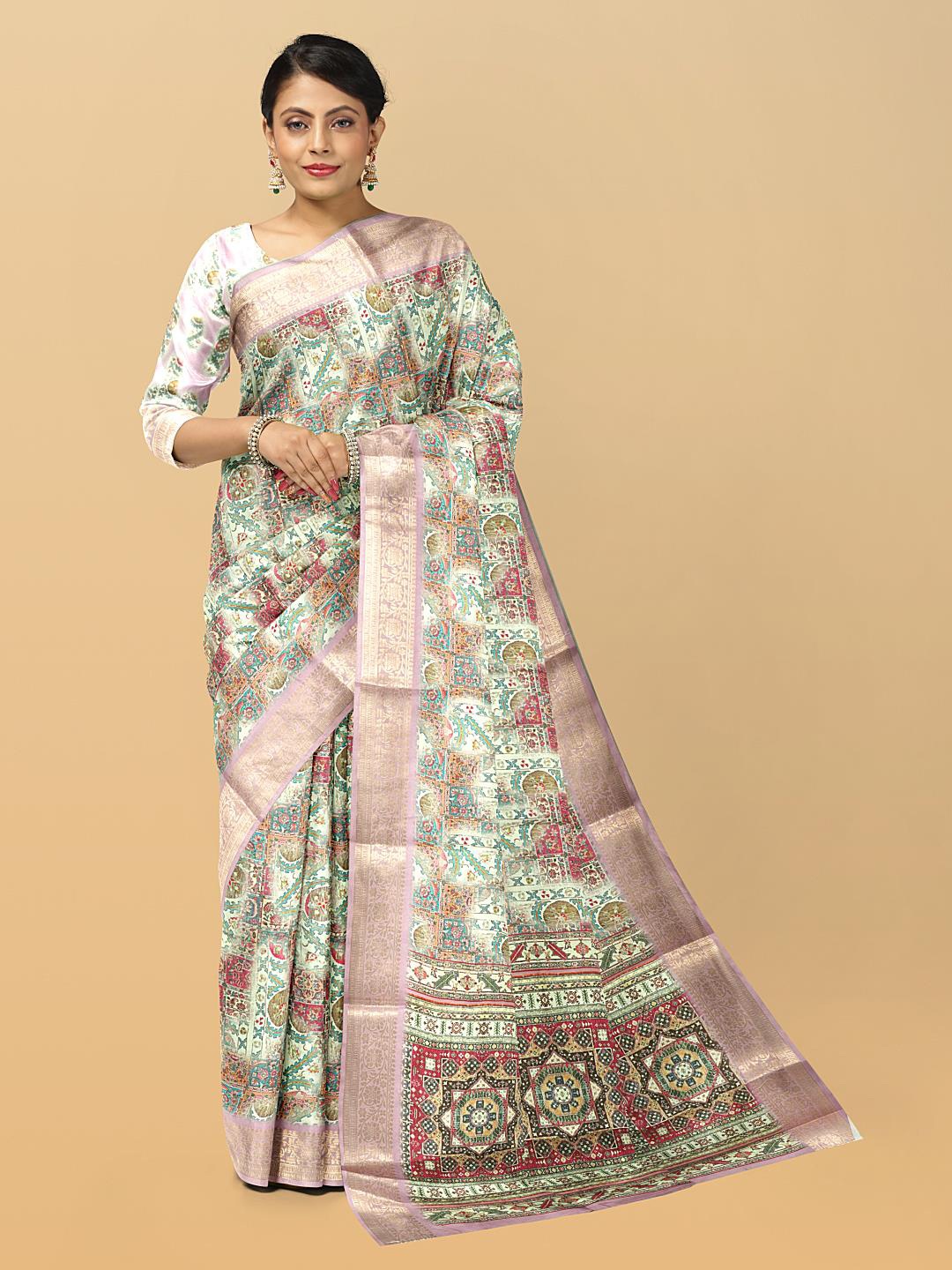 

Kalamandir Ethnic Motif Printed Tissue Zari Saree With Woven Border, Cream