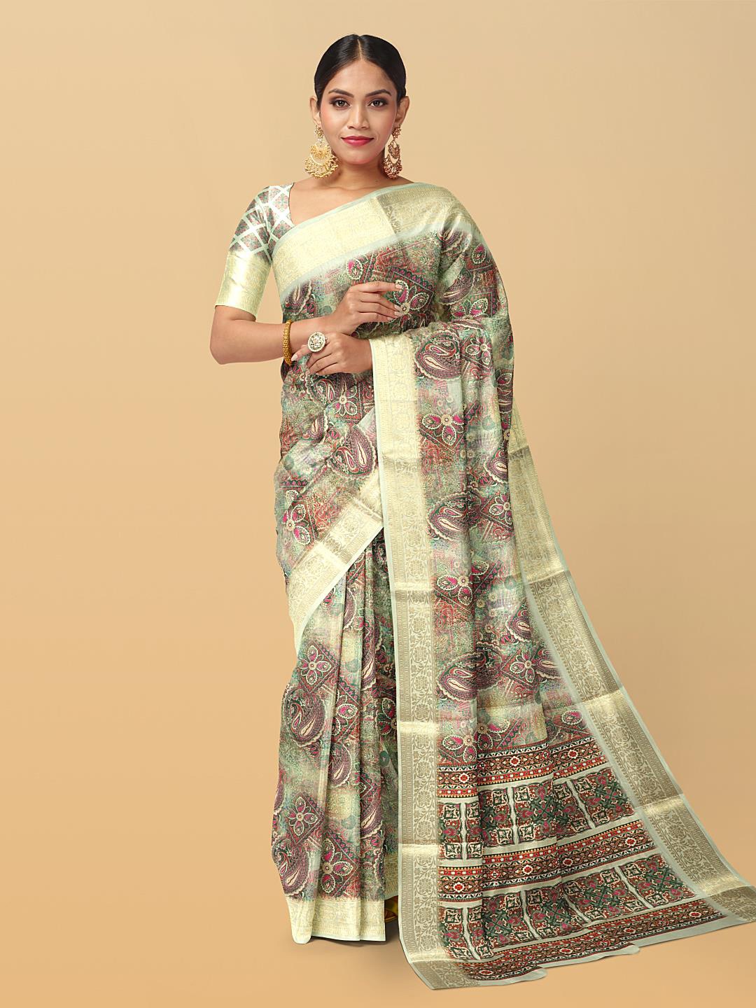 

Kalamandir Floral Printed Zari Saree, Sea green