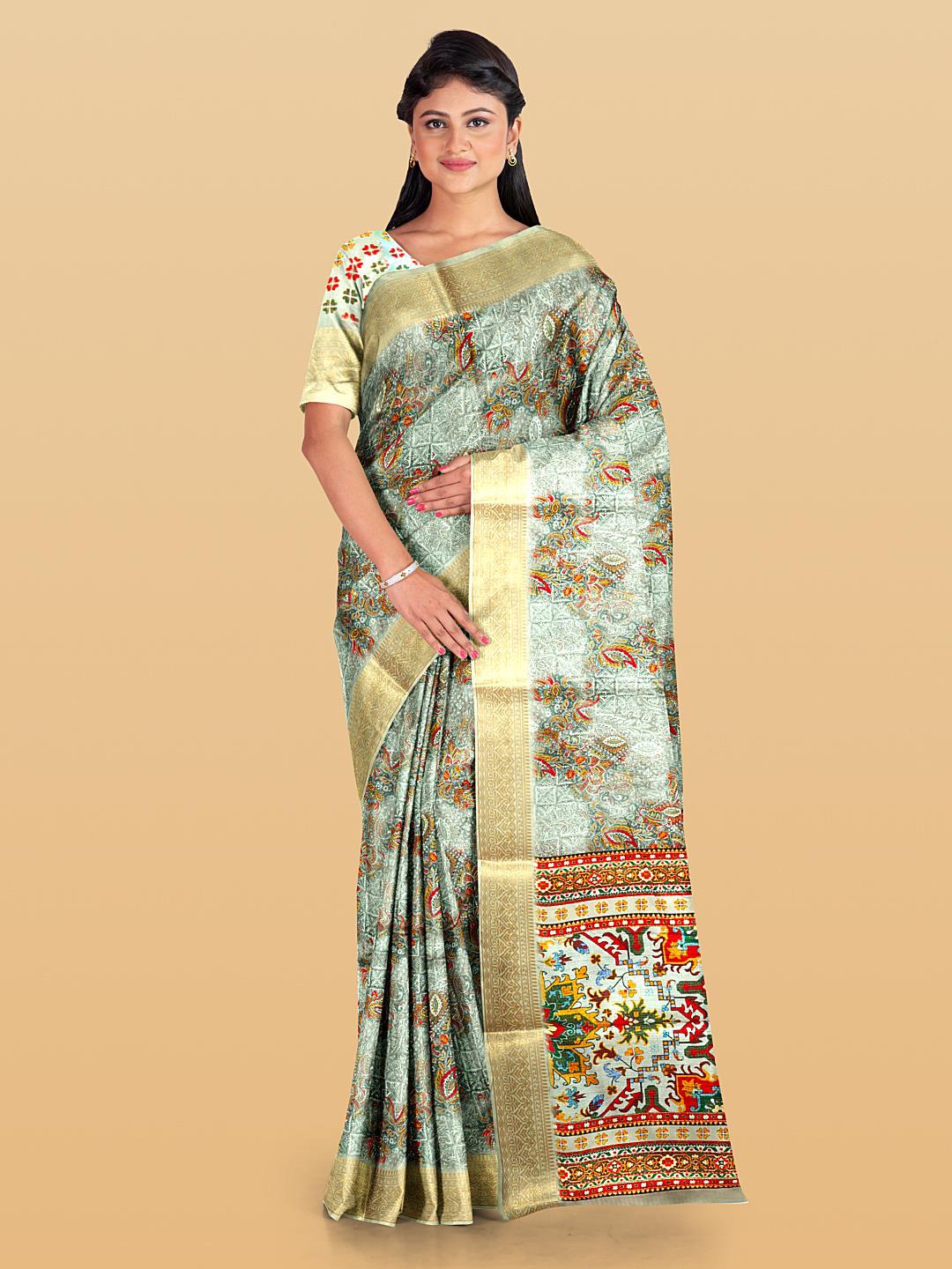 

Kalamandir Ethnic Motifs Tissue Zari Saree With Woven Border, Grey