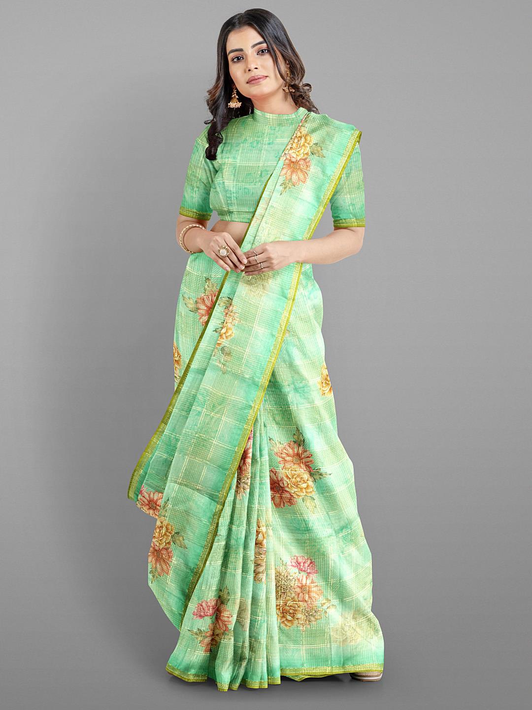 

Kalamandir Floral Printed Zari Jute Cotton Saree, Green