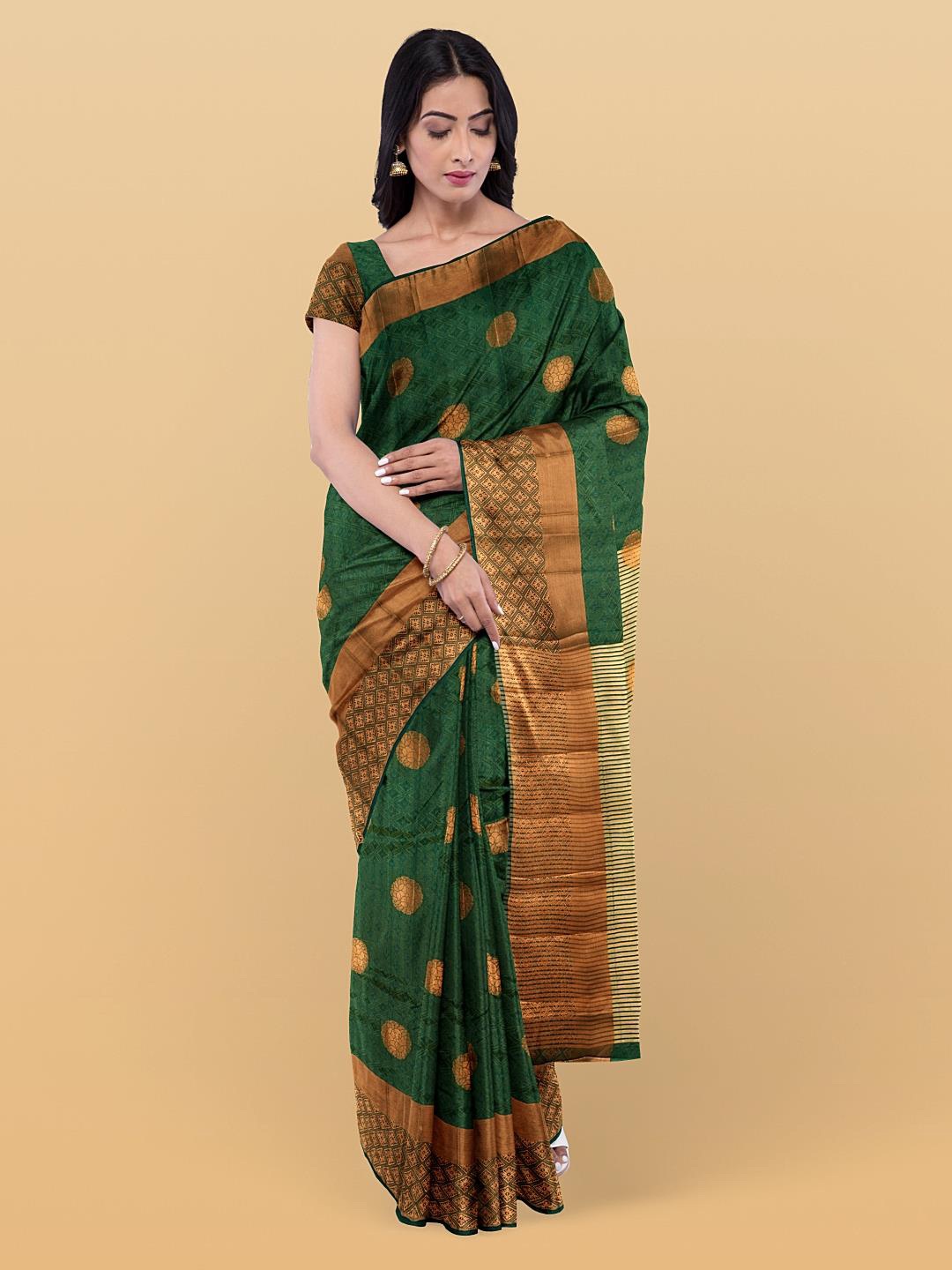 

Kalamandir Ethnic Motif Woven Design Zari Tissue Saree, Green