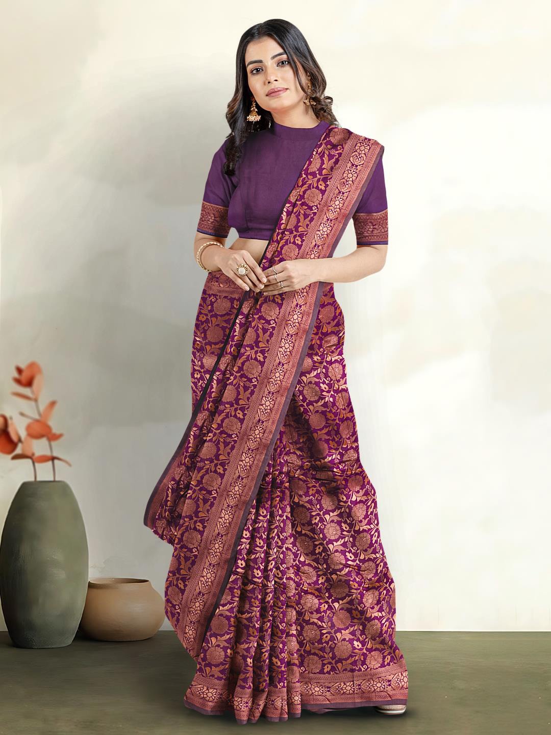 

Kalamandir Floral Woven Design Zari Saree, Purple