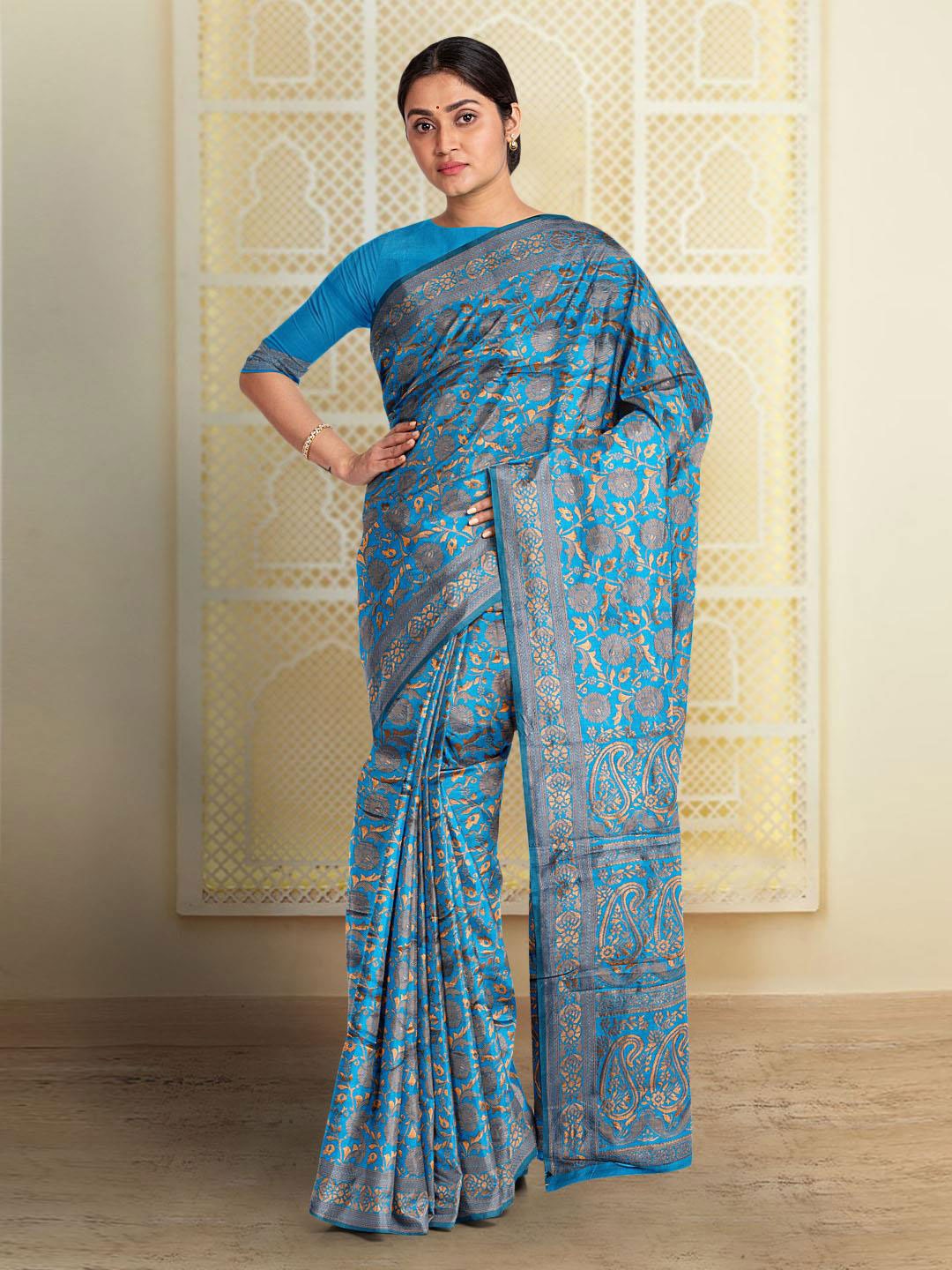 

Kalamandir Floral Woven Design Zari Silk Blend Saree, Blue