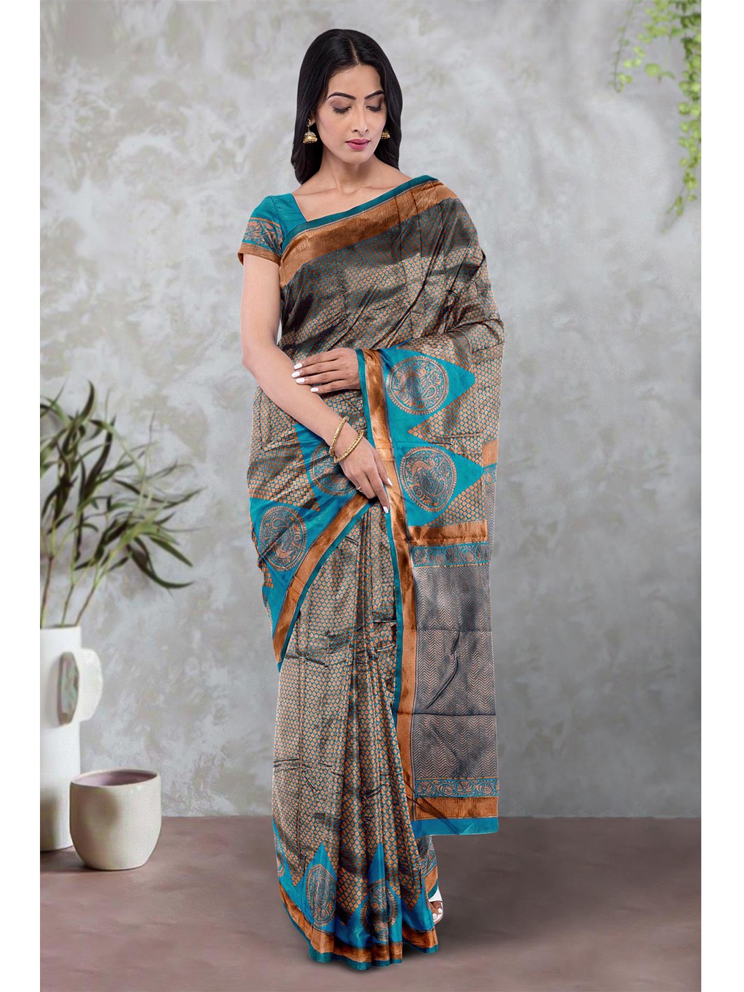 

Kalamandir Blue & Gold-Toned Woven Design Zari Silk Blend Saree