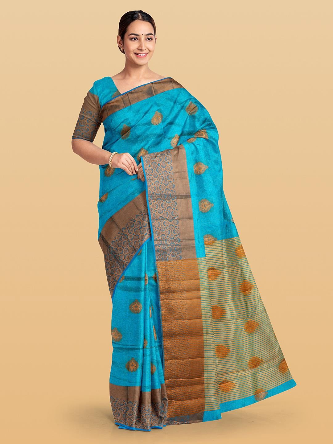 

Kalamandir Ethinic Woven Design Zari Tissue Saree, Blue