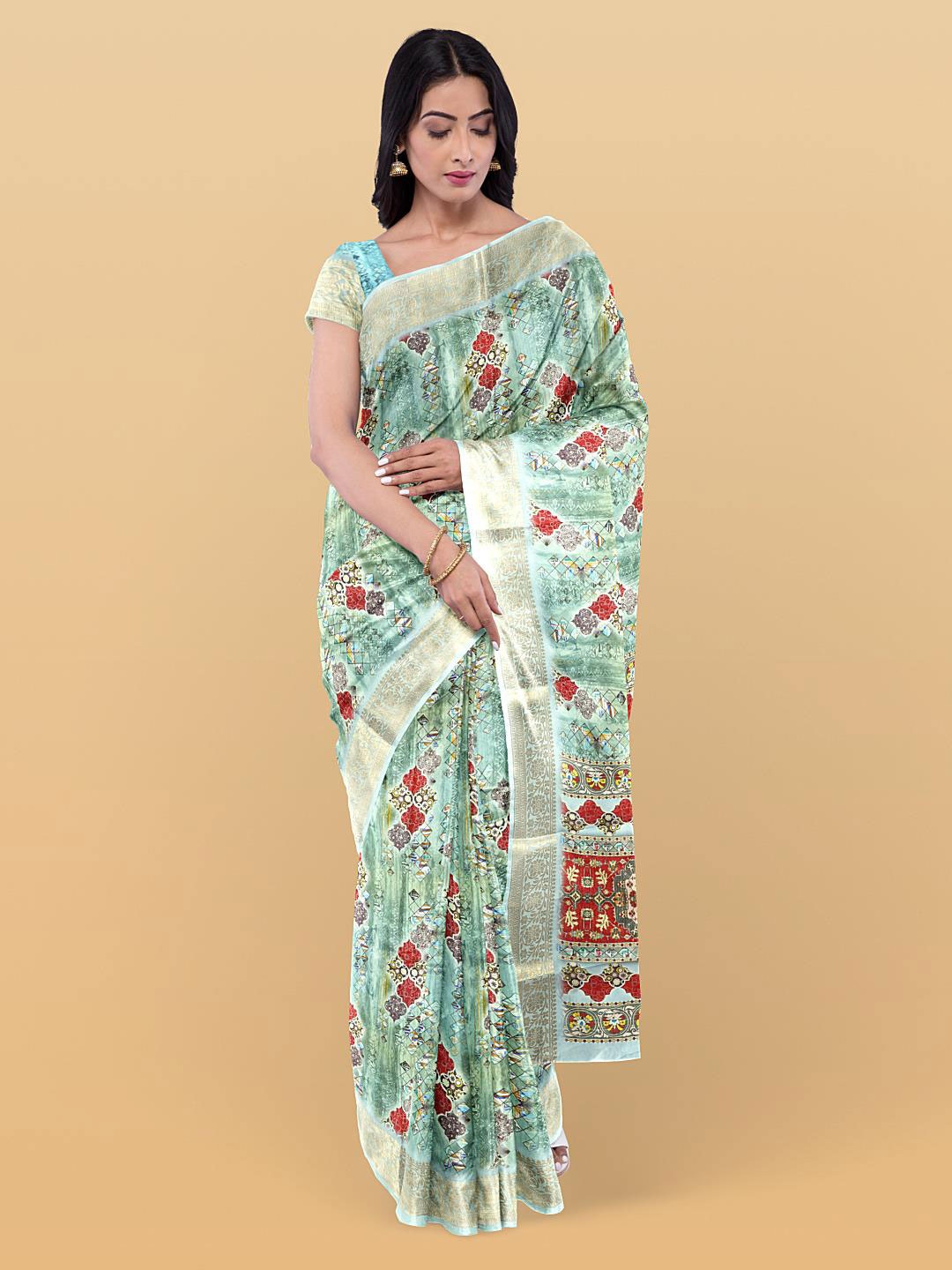 

Kalamandir Ethnic Motifs Printed Zari Saree, Sea green