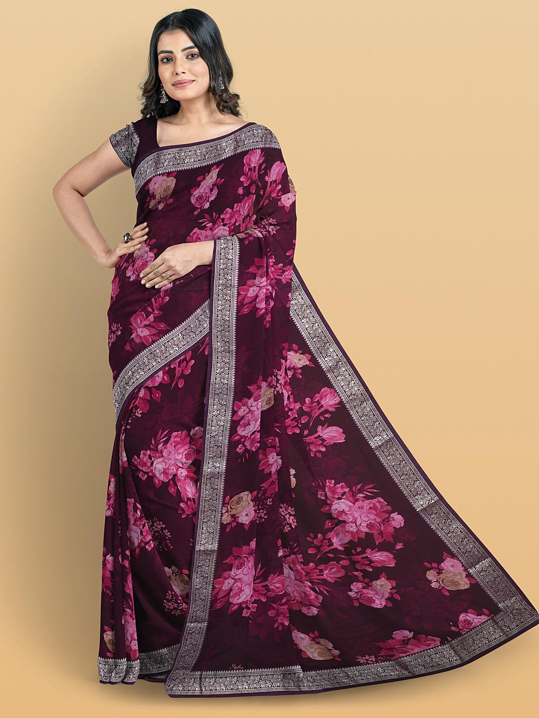 

Kalamandir Floral Printed Zari Saree, Purple