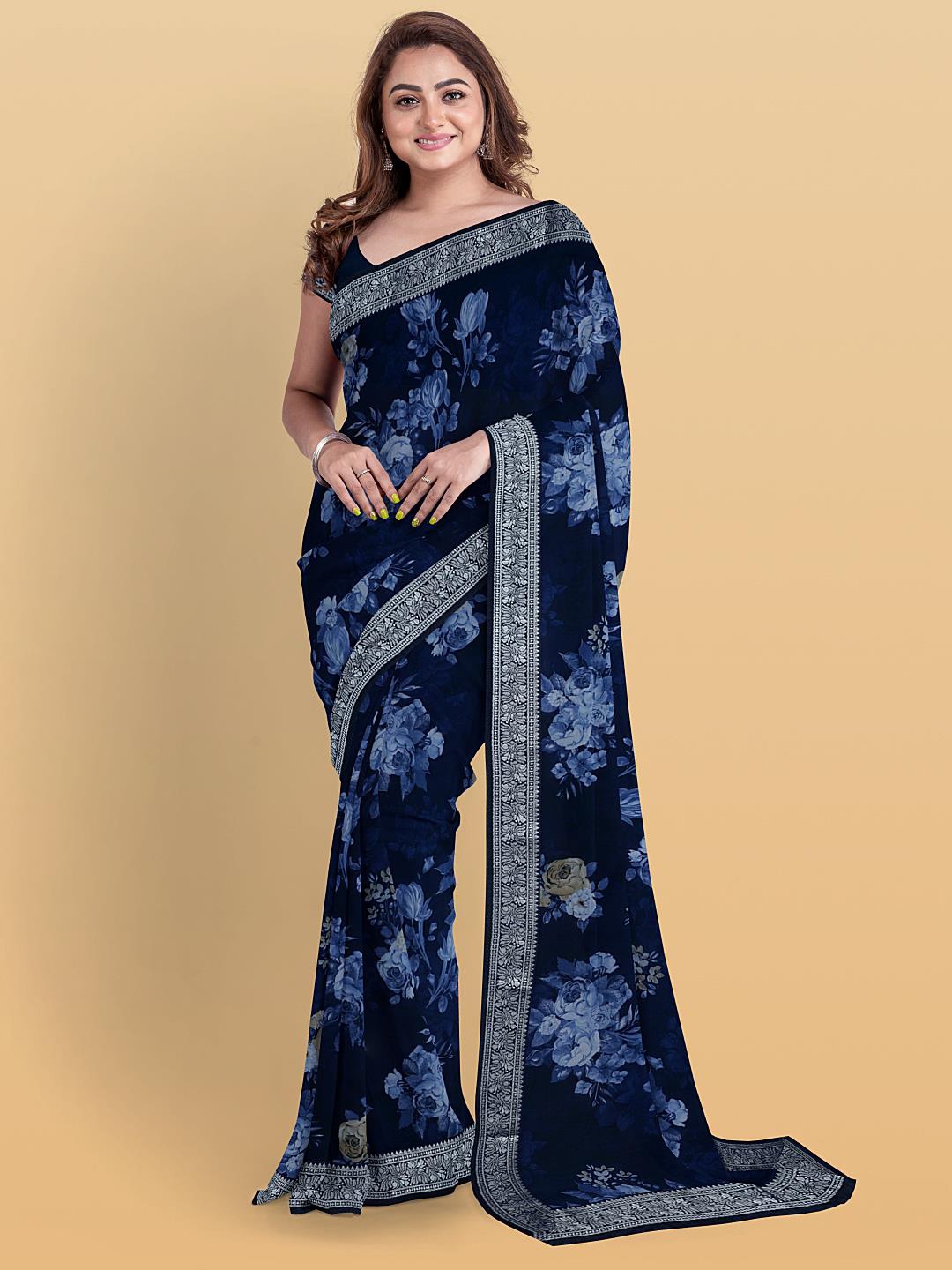 

Kalamandir Floral Poly Georgette Zari Saree With Woven Border, Navy blue