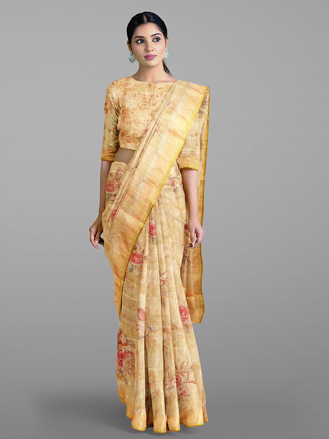 

Kalamandir Floral Zari Jute Cotton Saree With Blouse Piece, Orange
