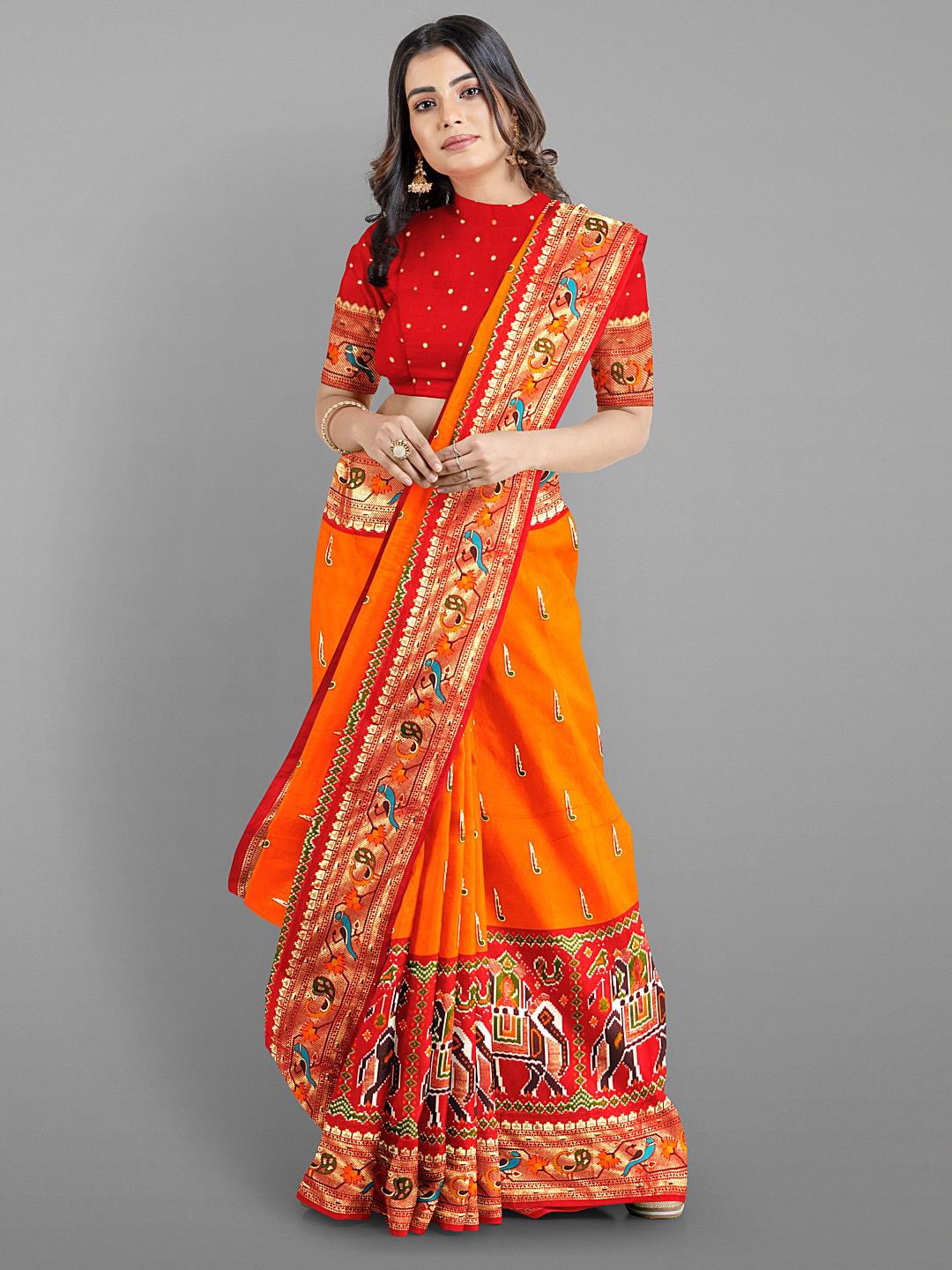 

Kalamandir Ethnic Motif Silk Blend Zari Saree With Woven Border, Orange