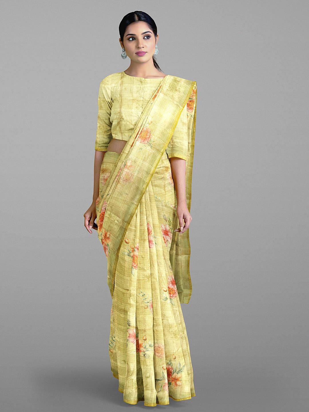 

Kalamandir Floral Printed Jute Cotton Saree, Cream