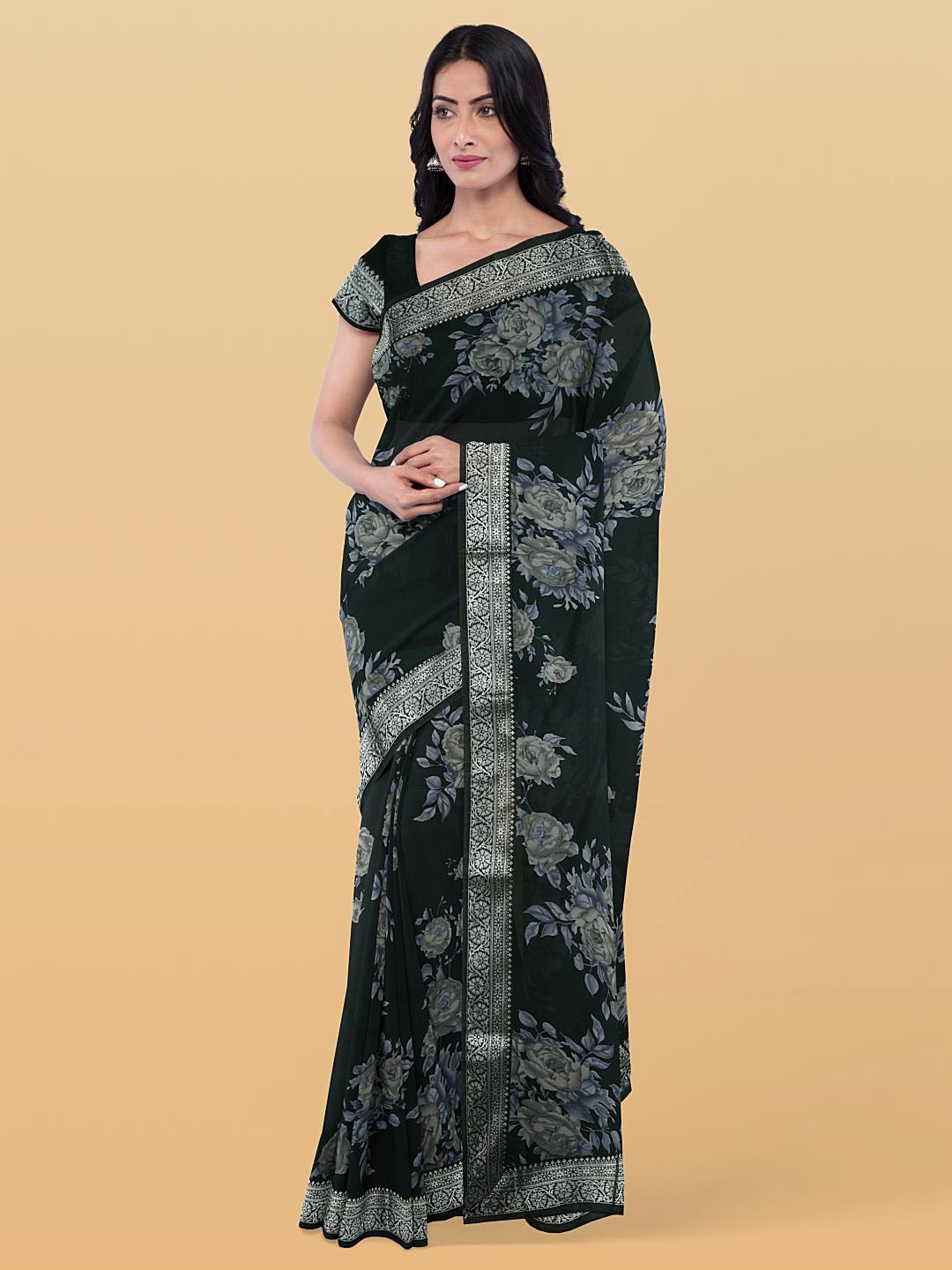 

Kalamandir Floral Printed Zari Saree, Black