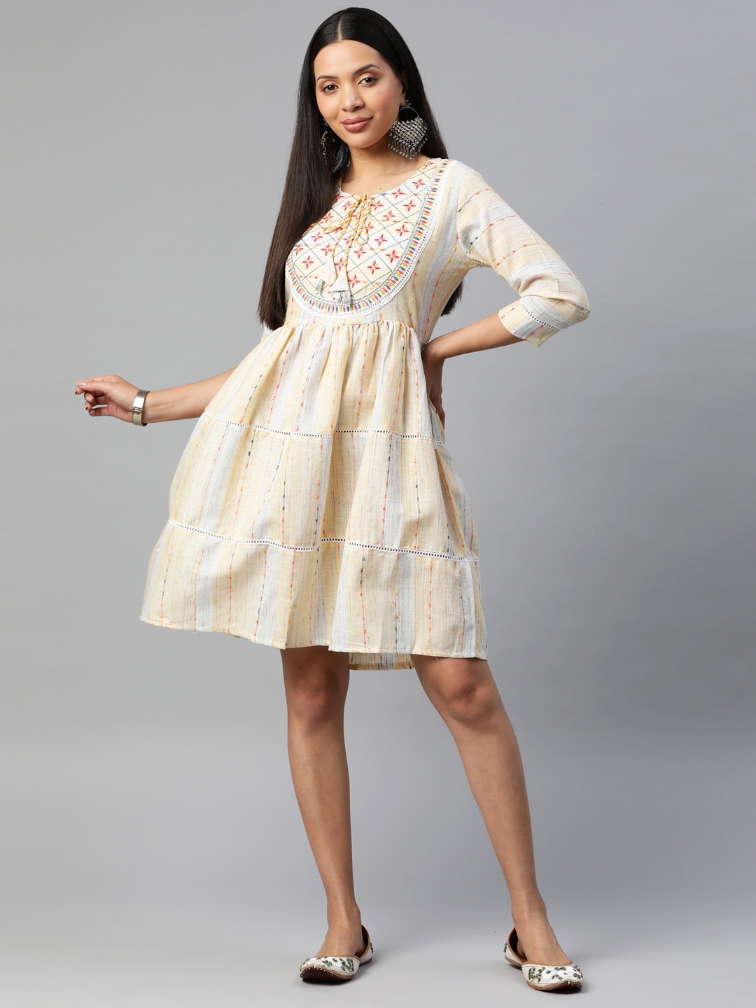 

Readiprint Floral Embroidered Tie-Up Neck A-Line Dress, Yellow