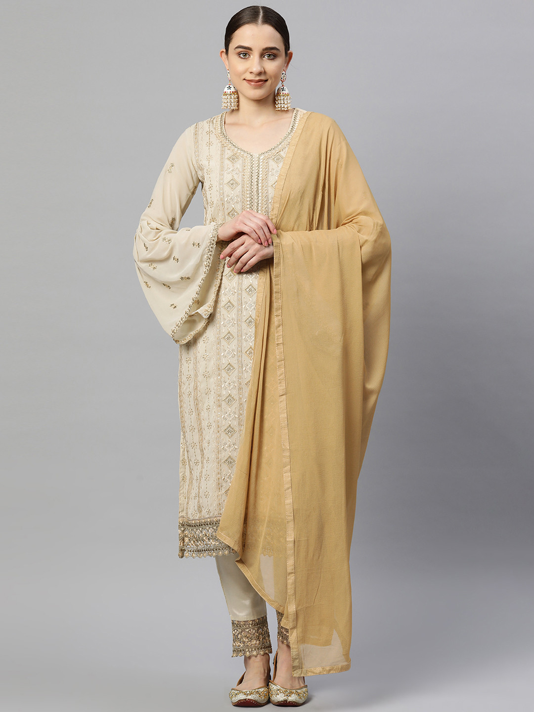 

Readiprint Fashions Embroidered Semi-Stitched Dress Material, Beige