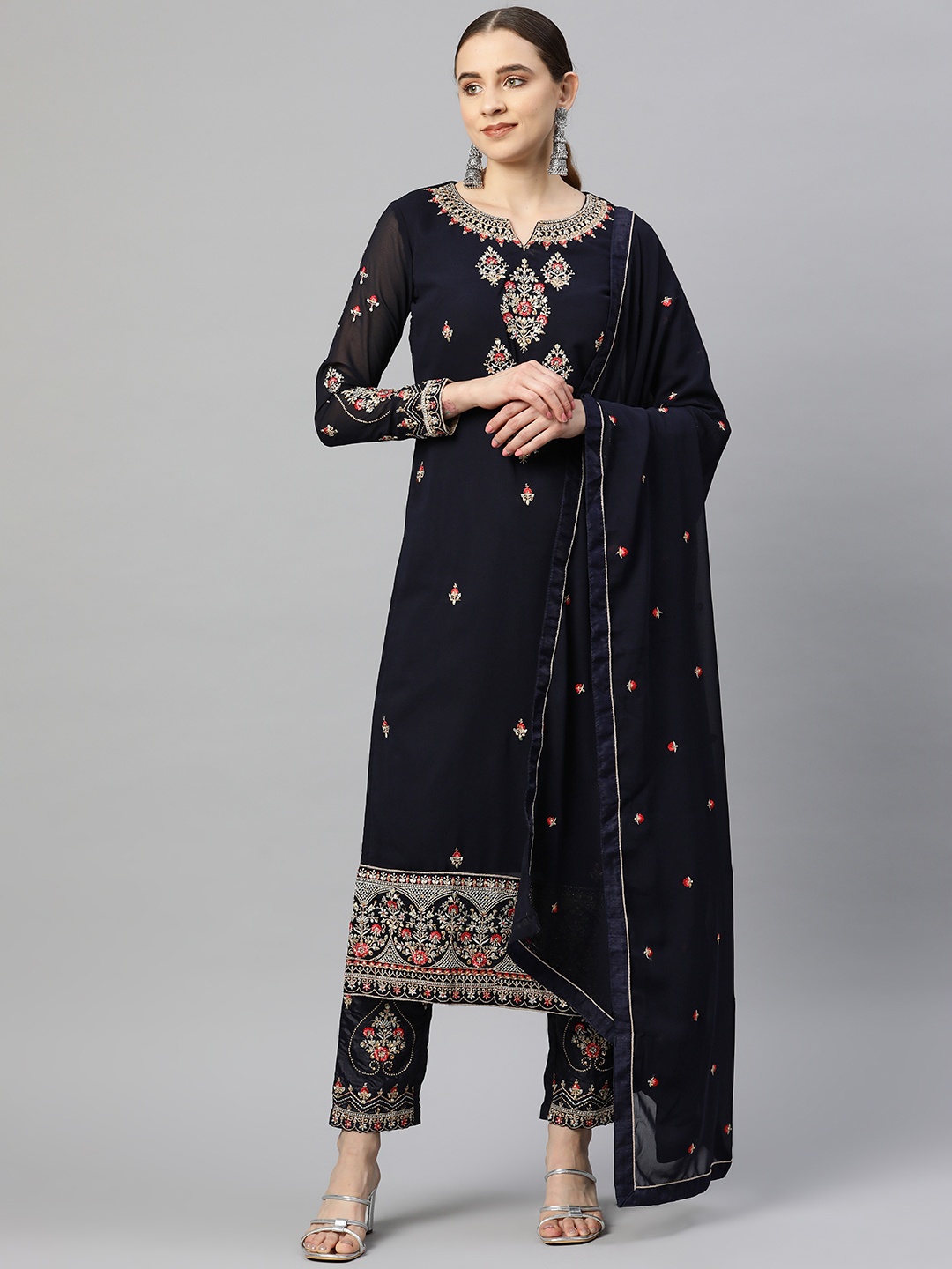 

Readiprint Fashions Embroidered Semi-Stitched Dress Material, Navy blue