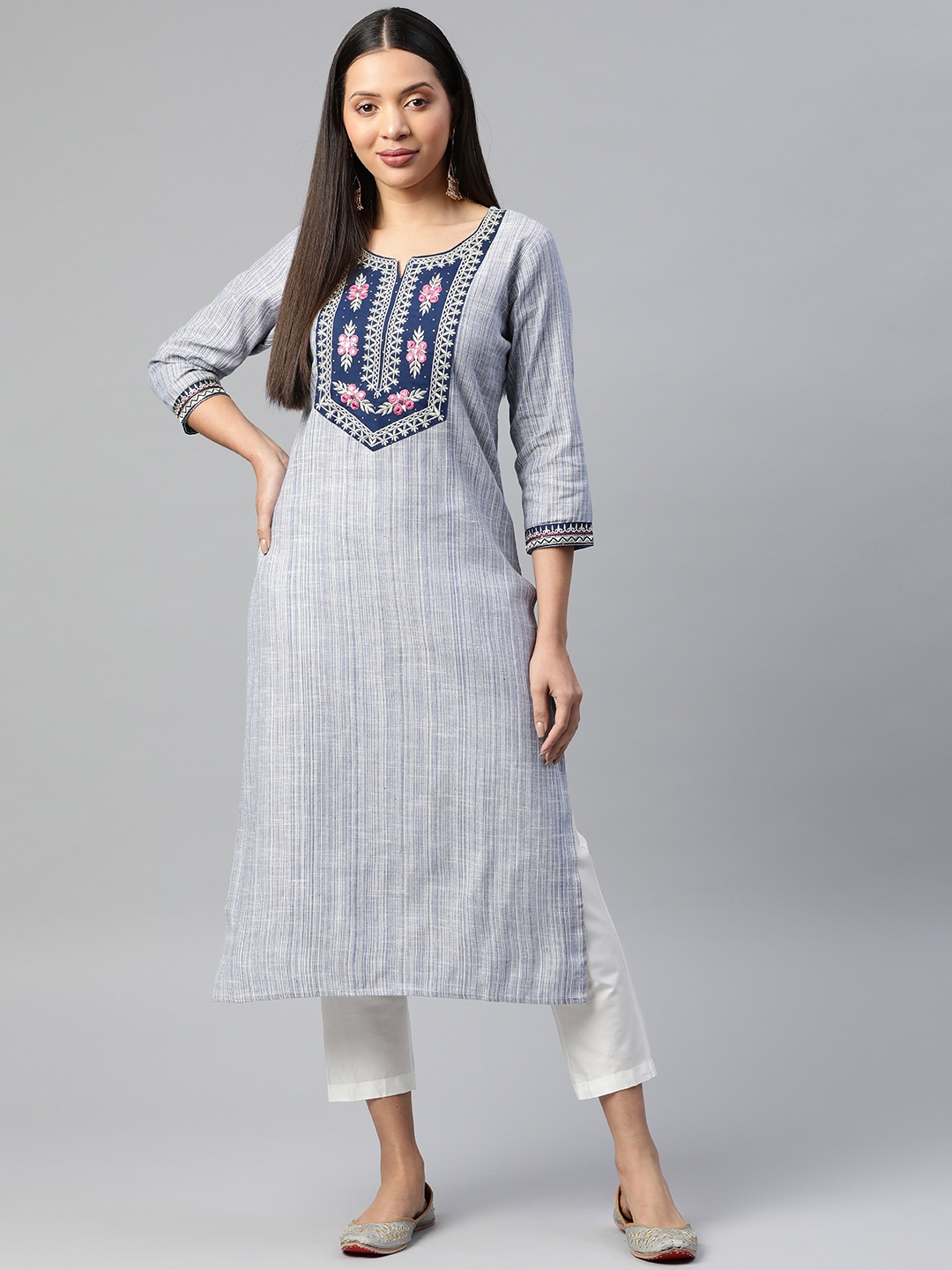 

Readiprint Fashions Floral Yoke Design Mirror Work Cotton Kurta, Blue