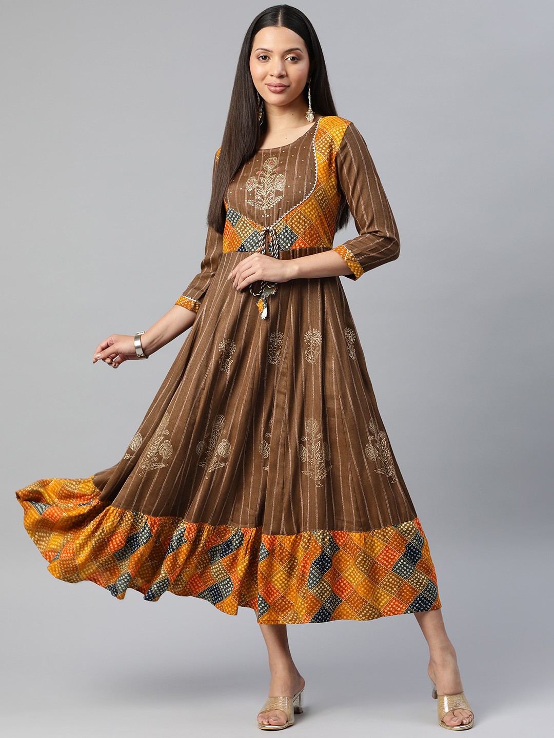 Readiprint Fashions Floral Print A-Line Midi Dress, Brown