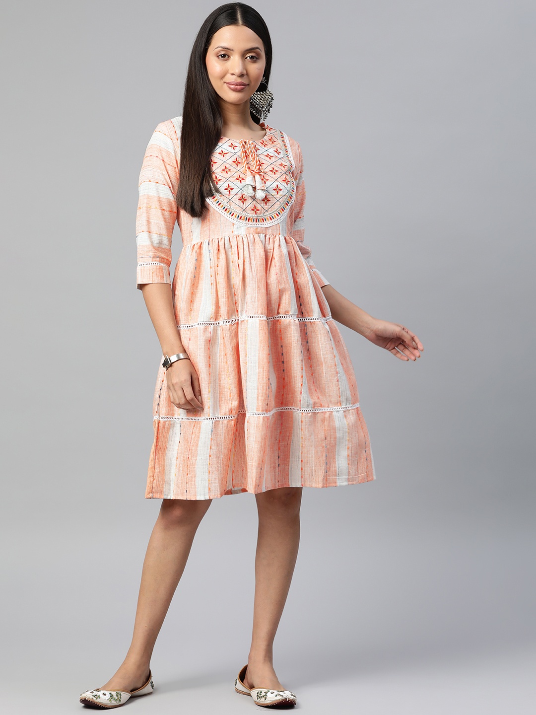 

Readiprint Floral Embroidered Tie-Up Neck Cotton A-Line Dress, Orange