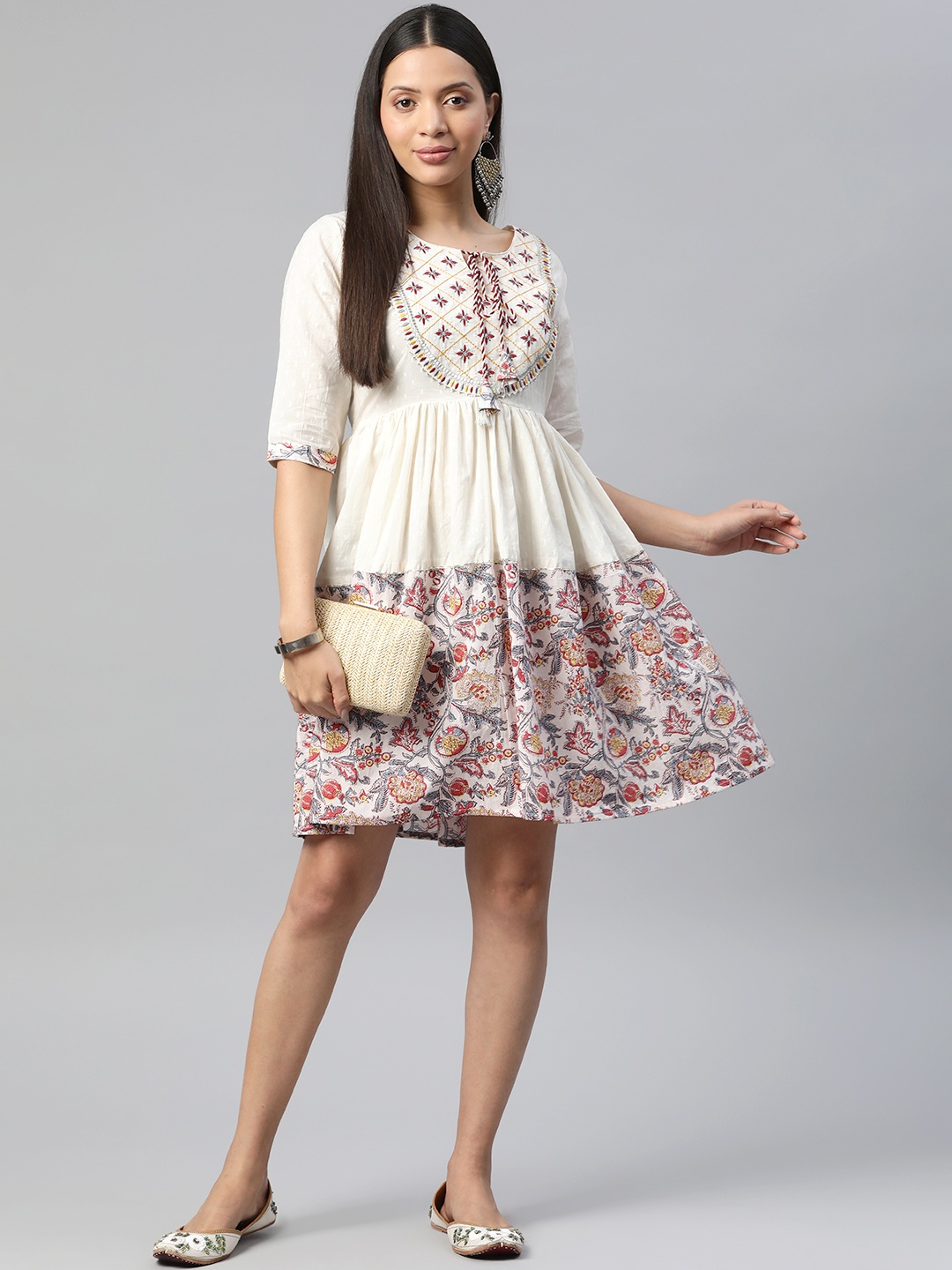 

Readiprint Floral Embroidered Tie-Up Neck A-Line Dress, White