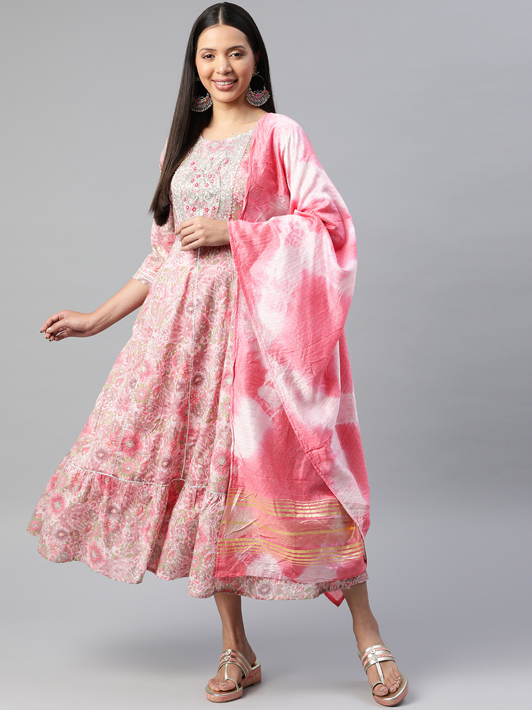 

Readiprint Fashions Floral Print Cotton A-Line Midi Dress with Dupatta, Pink