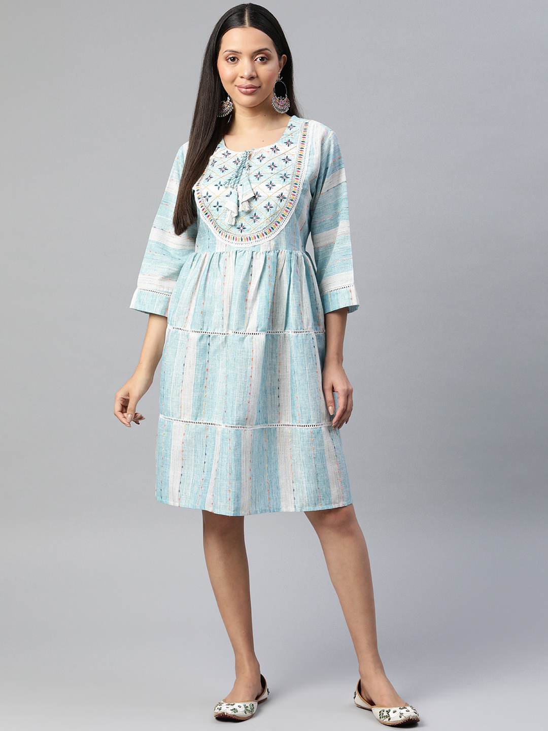 

Readiprint Floral Embroidered Tie-Up Neck Cotton A-Line Dress, Turquoise blue
