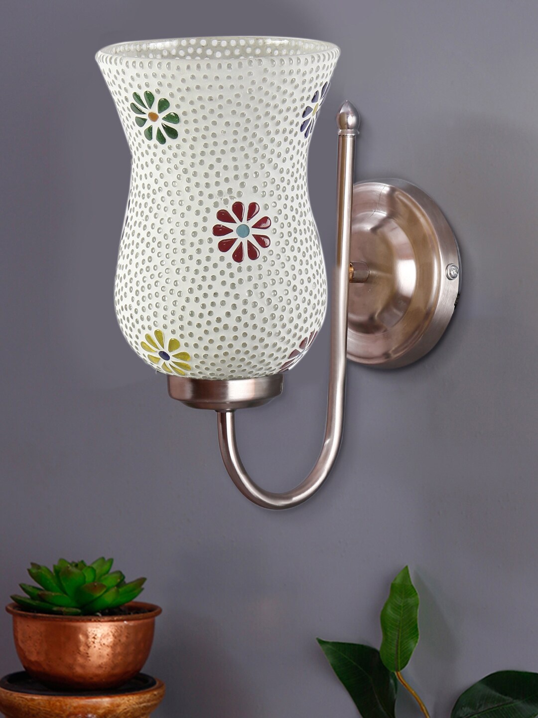 

Devansh White & Green Mosaic Glass Shade Wall Mounted Lamp With Steel Base