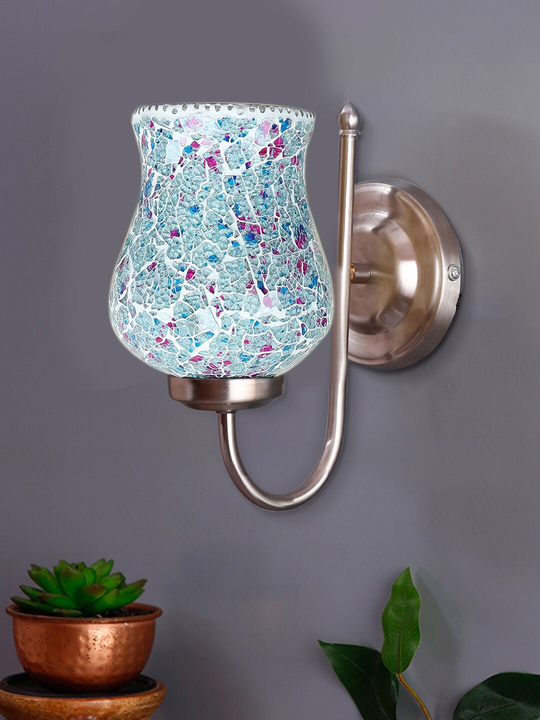 

Devansh White & Blue Mosaic Textured Glass Shade Wall Mounted Lamp With Steel Base