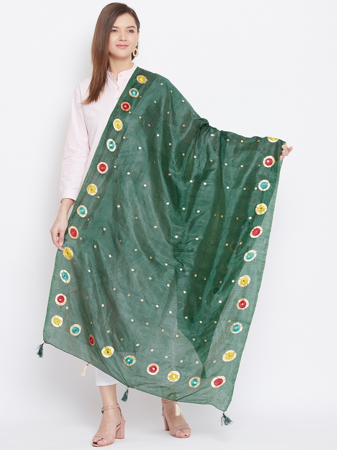 

Clora Creation Polka Dots Embroidered Dupatta With Tasselled Border, Green