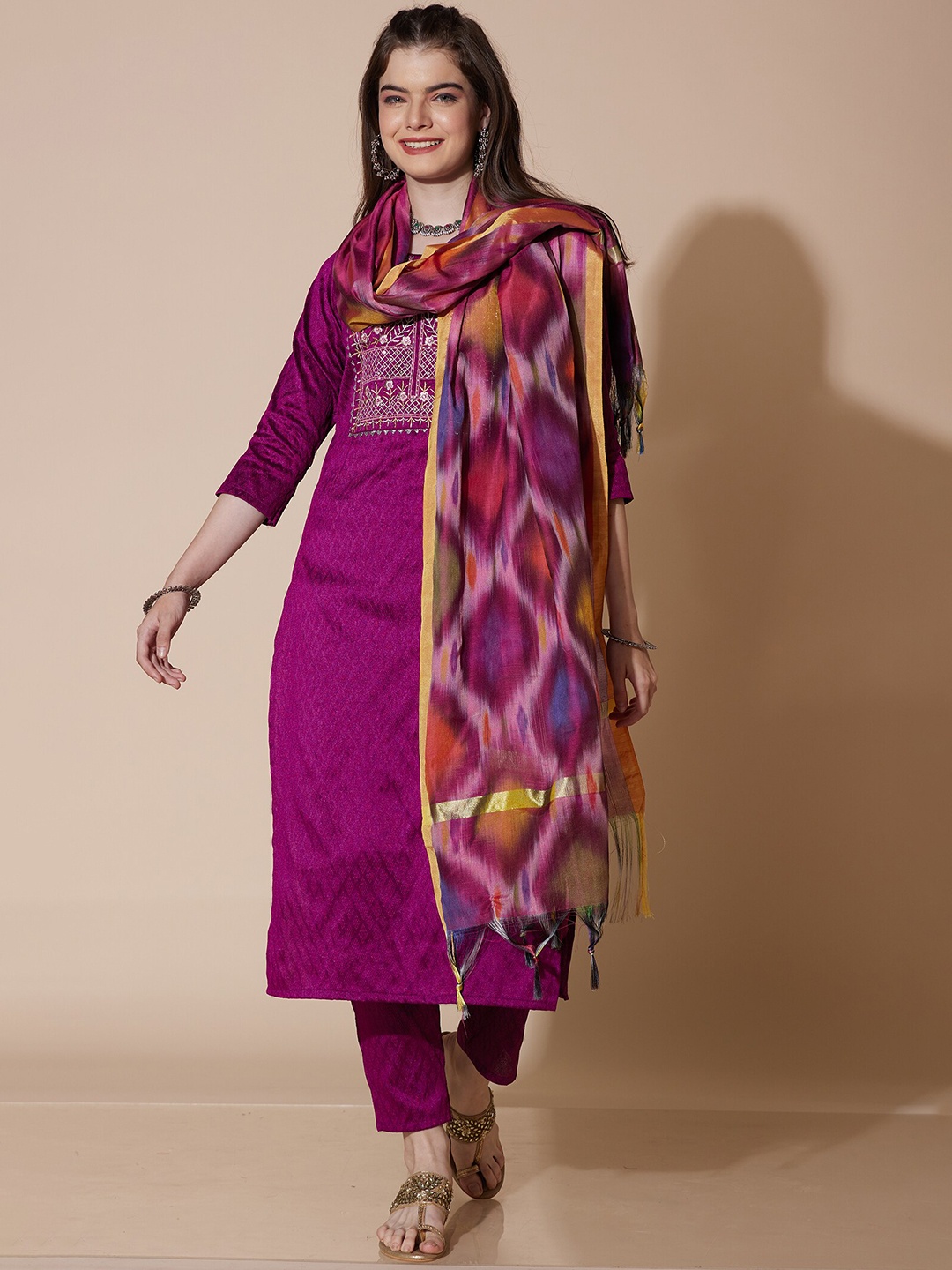 

KALINI Geometric Woven Design Thread Work Kurta With Trousers & Dupatta, Purple