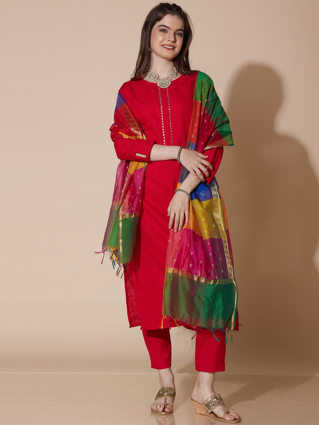 

KALINI Gotta Patti Straight Kurta With Trousers & Dupatta, Red