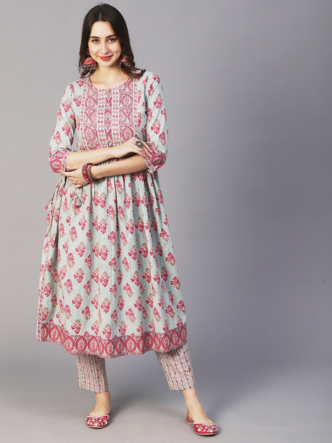 

FASHOR Green & Pink Floral Printed Anarkali Pure Cotton Kurta With Trousers & Dupatta