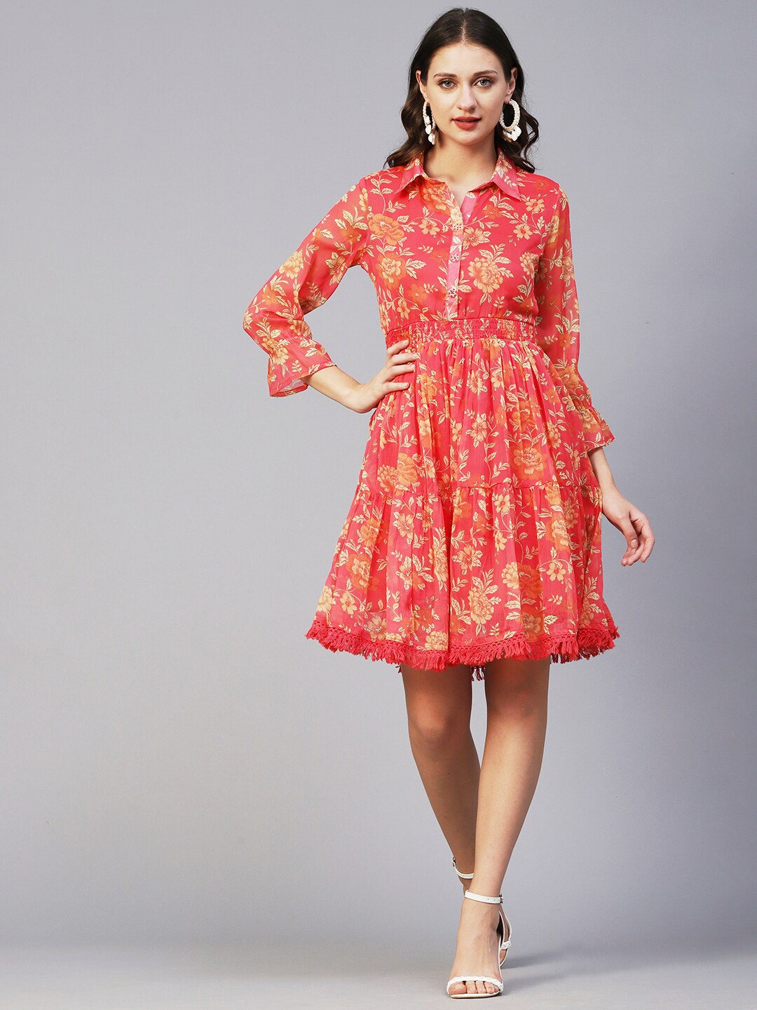 

FASHOR Floral Printed Smocked Tiered Fit & Flare Dress, Coral