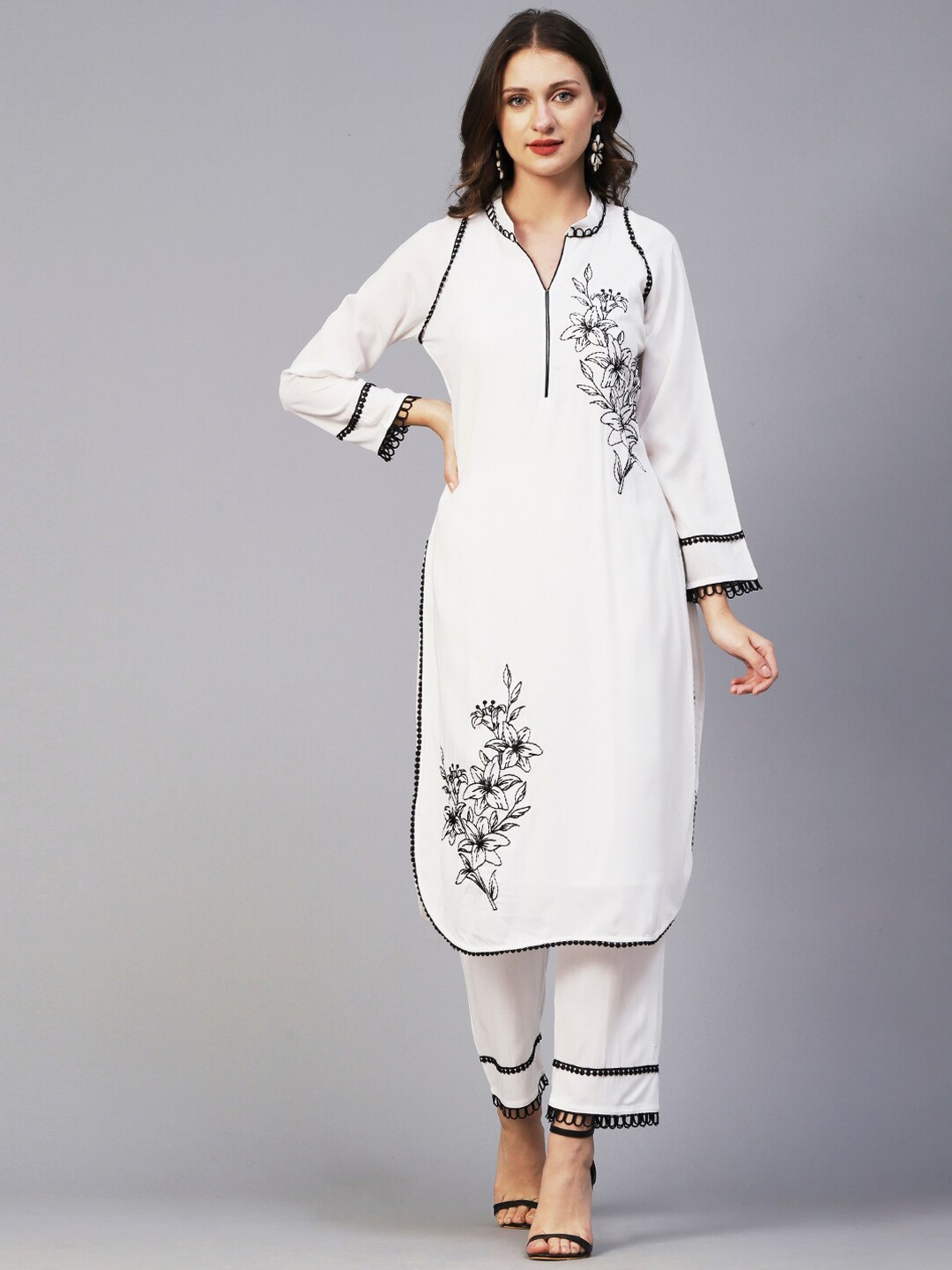 

FASHOR White & Black Floral Embroidered Curved Kurta with Trousers