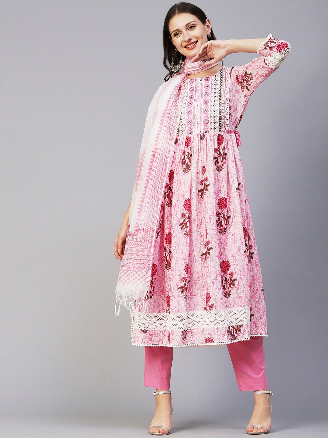 

FASHOR Pink & White Floral Printed Mirror Work Pure Cotton Kurta with Trousers & Dupatta