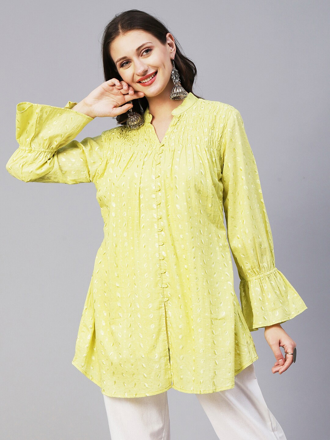 

FASHOR Floral Embroidered Bell Sleeves Thread Work Pure Cotton Kurti, Yellow