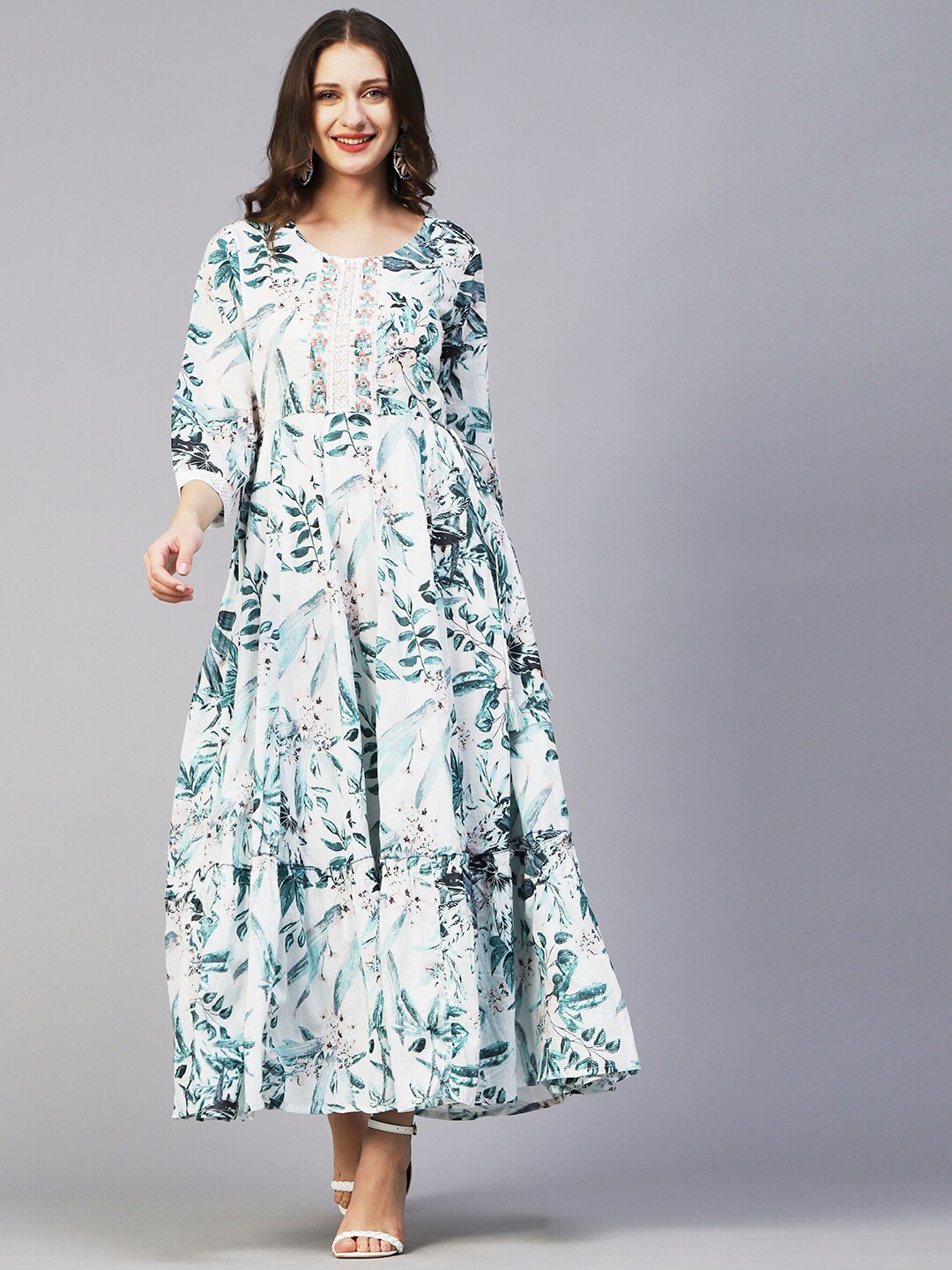 

FASHOR Floral Printed Embroidered Fit & Flare Maxi Dress, White