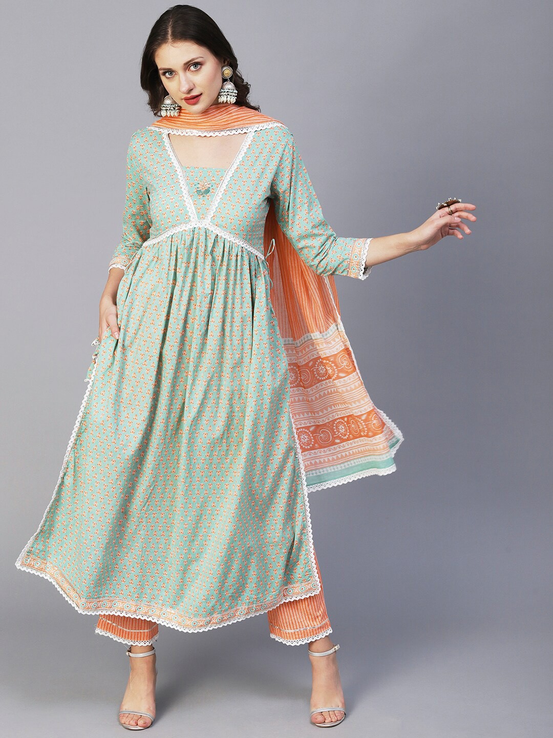 

FASHOR Green & Orange Printed Thread Work Pure Cotton Kurta with Trousers & Dupatta