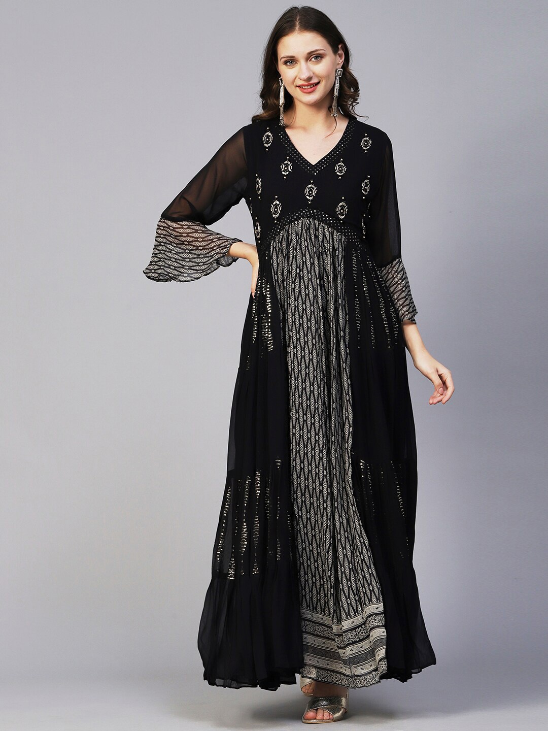 

FASHOR Ethnic Motifs Printed Embellished Bell Sleeves Fit & Flare Maxi Dress, Black