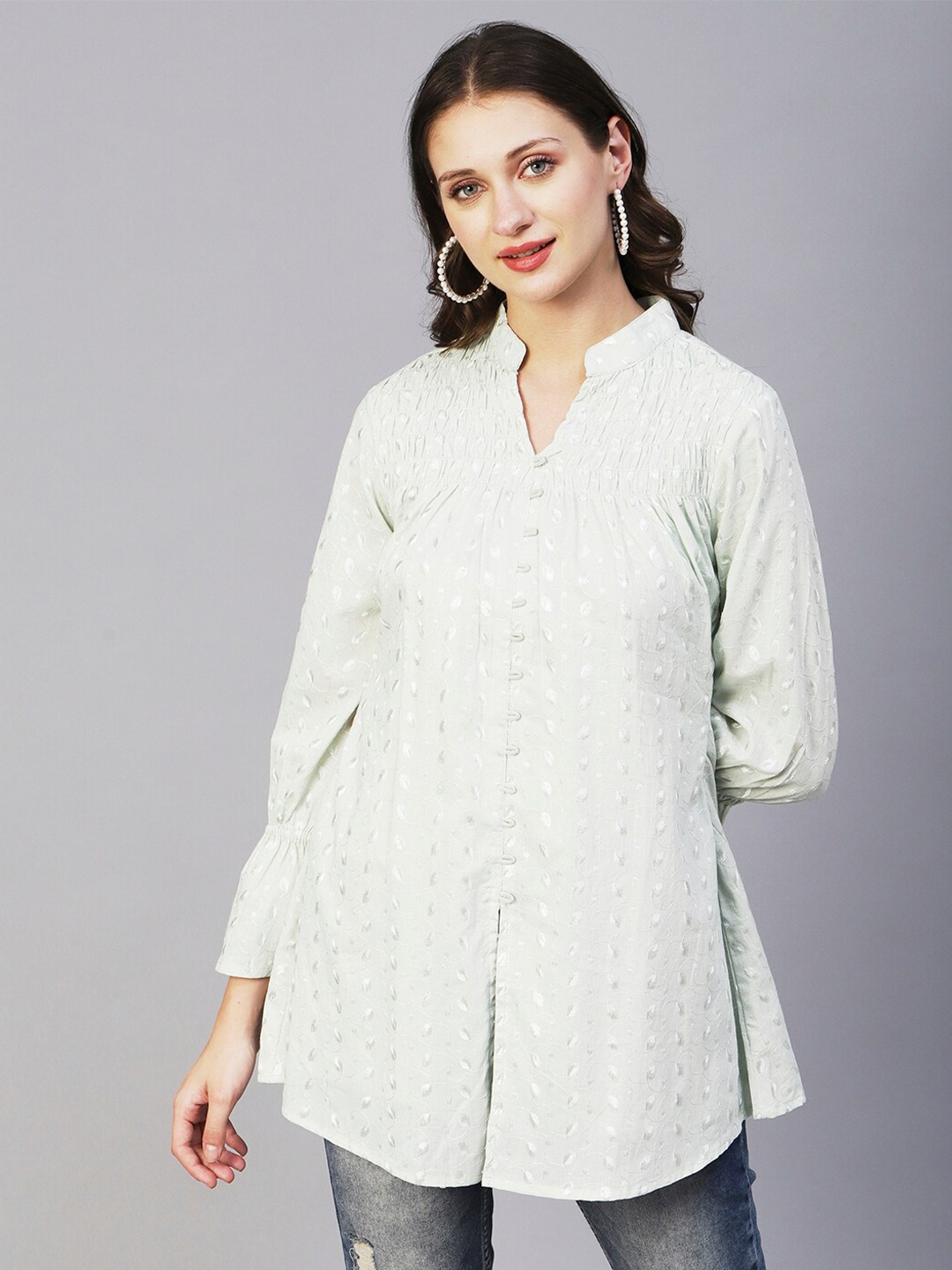 

FASHOR Floral Embroidered Bell Sleeves Thread Work Pure Cotton Kurti, Green