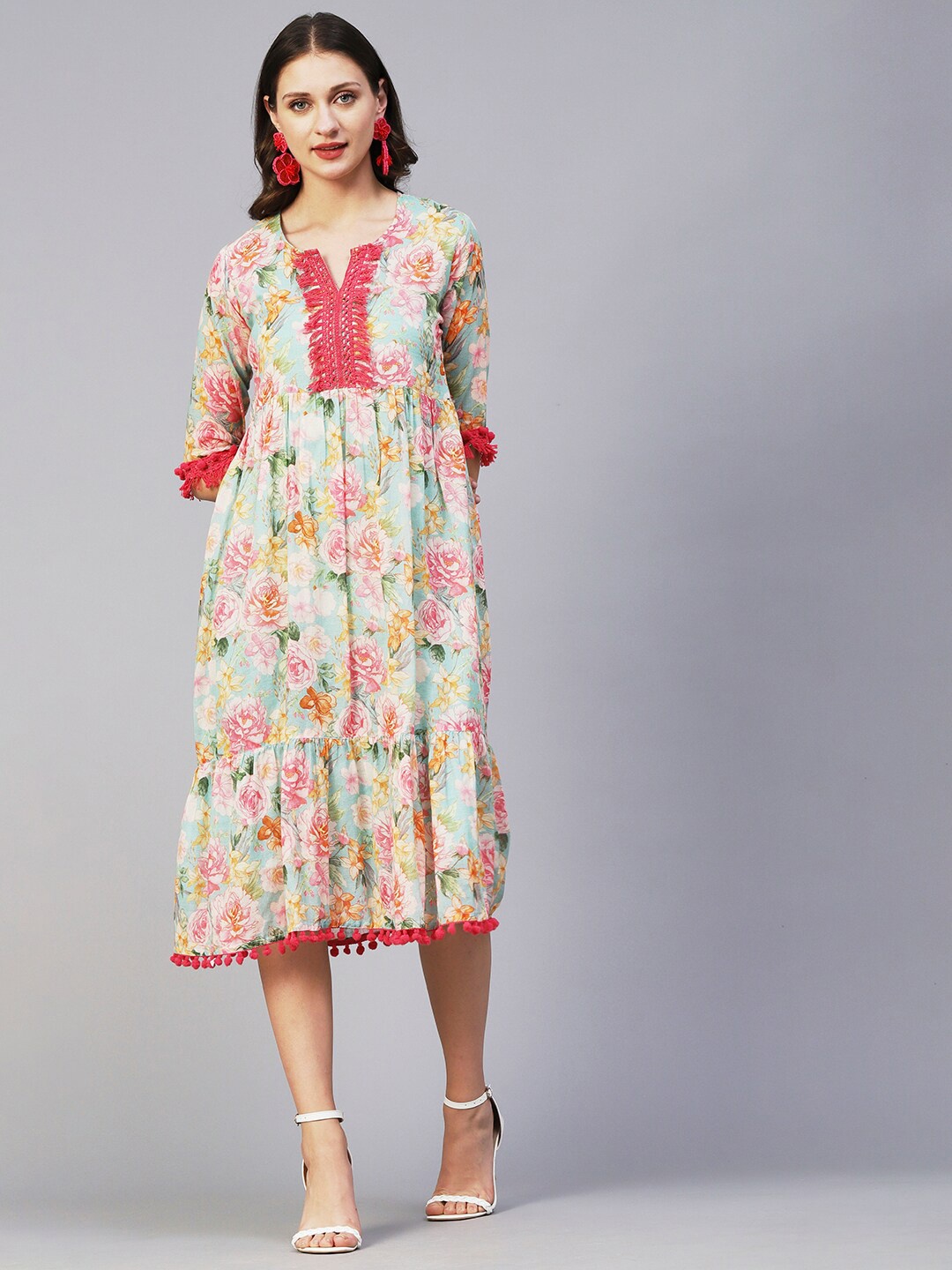 

FASHOR Floral Printed Pom-Pom Detail Tiered A-Line Midi Dress, Sea green