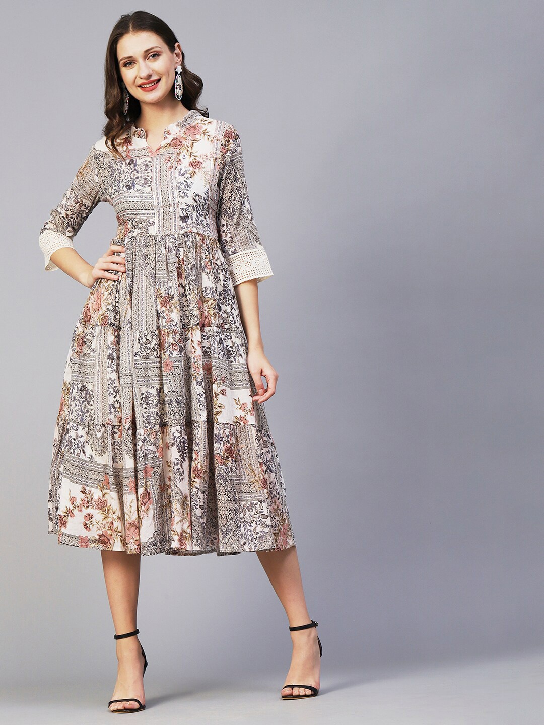 

FASHOR Floral Printed Mandarin Collar Fit & Flare Midi Dress, Off white