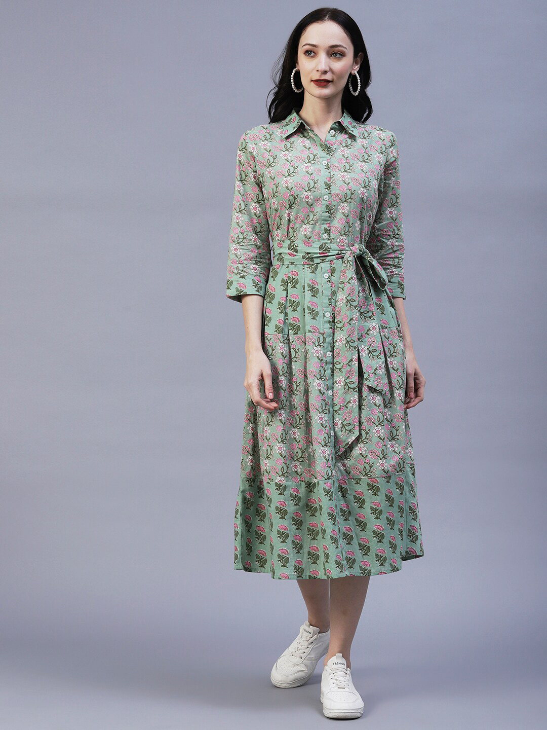 

FASHOR Floral Printed Pleated Shirt Midi Dress With Belt, Sea green