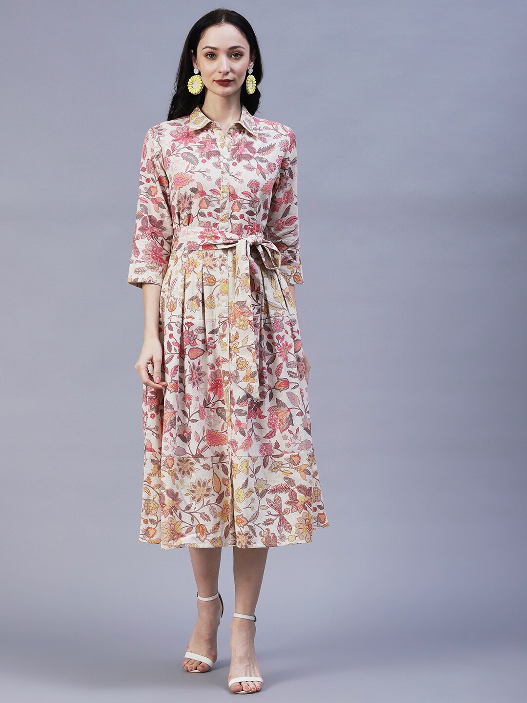 

FASHOR Floral Printed Pleated Shirt Midi Dress With Belt, Off white